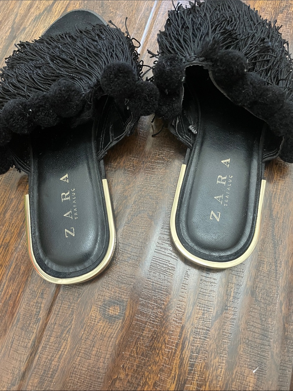Zara Black Fringe Pom-Pom Slide Mules - Picture 3 of 4